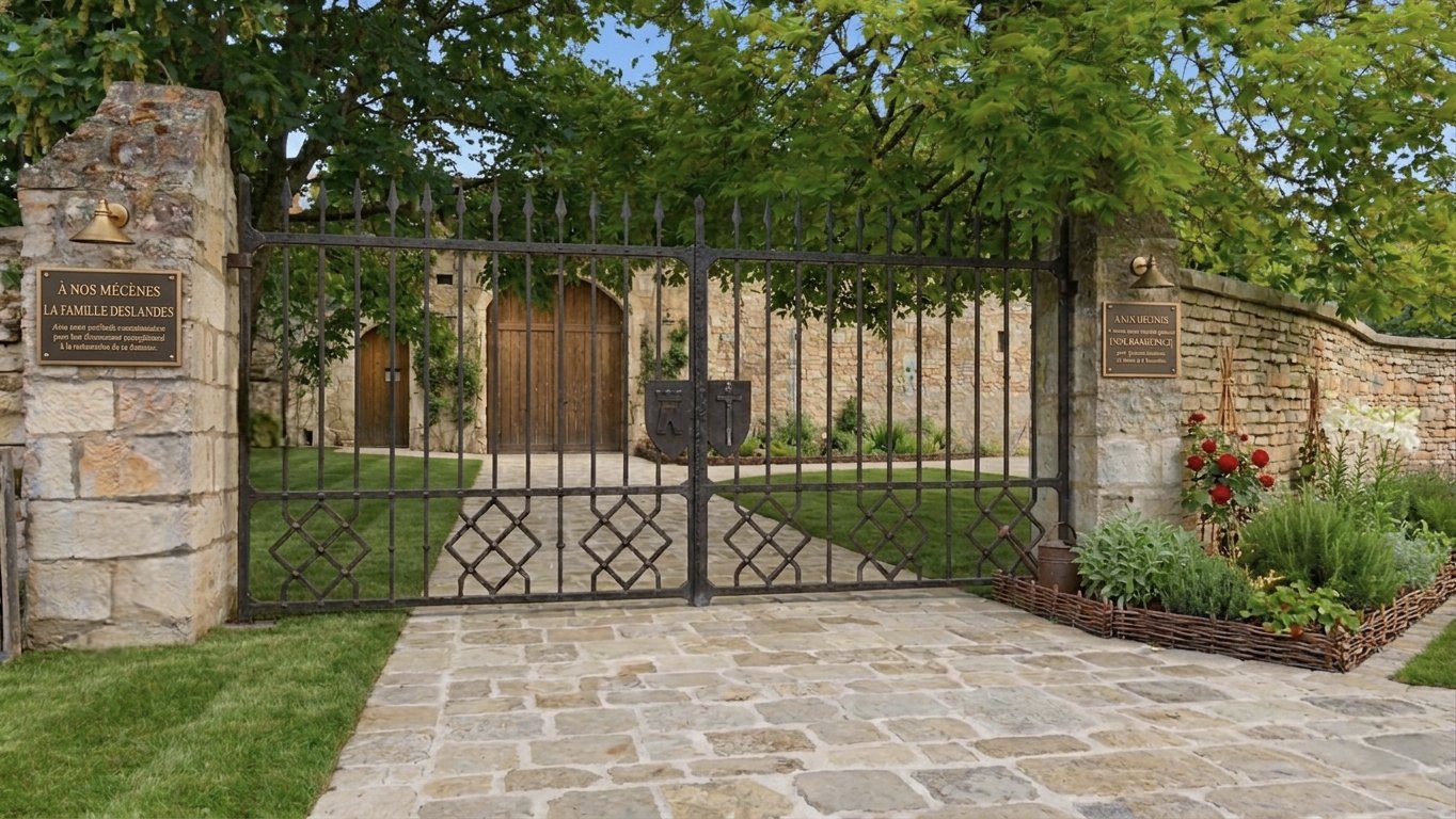 Vue d'artiste de l'entr&eacute;e du parc avec plaques de m&eacute;c&egrave;nes